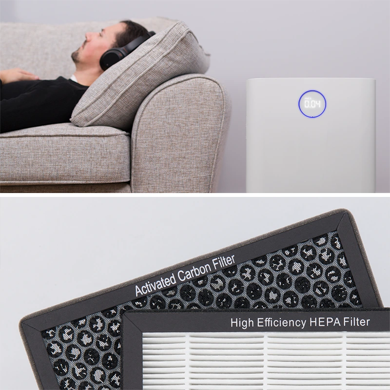EVA Alto four air purifier and filter with man on couch