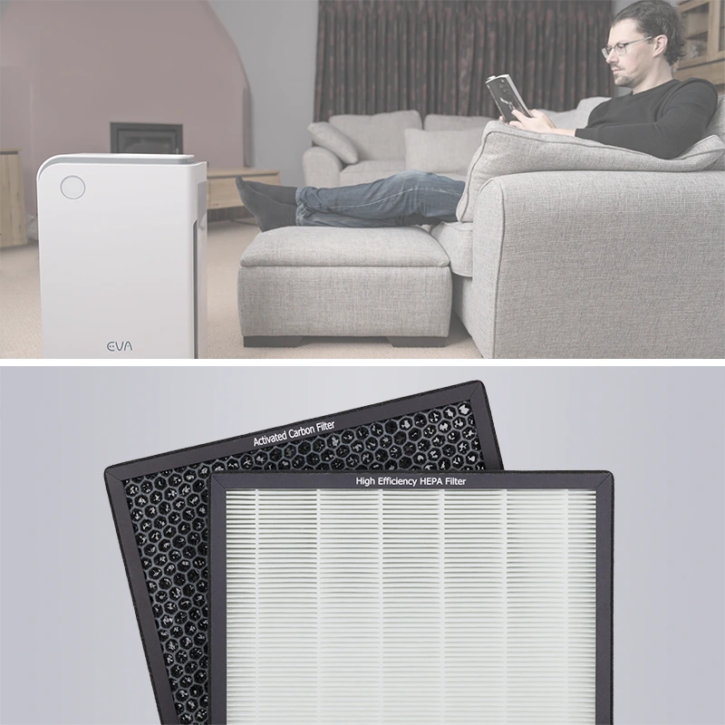 EVA Alto nine air purifier with filter pack and man on couch