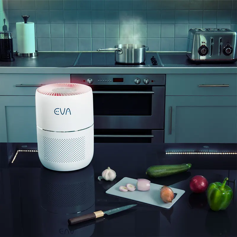 EVA Alto one Air purifier in kitchen removing smoke and odours