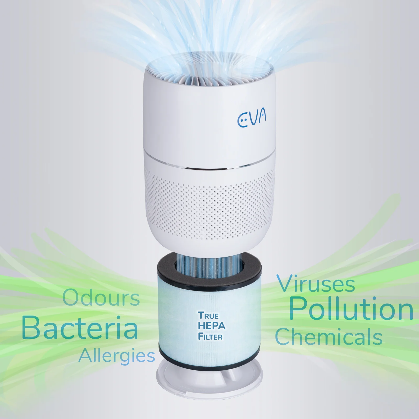 EVA Alto one air purifier filter removing bacteria and pollution